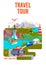 Travel, tour, journey to world, travelling and vacation on holiday poster, vector illustration. Hiking and road trip