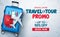 Travel and tour promo vector background template. Travel and tour special offer promo discount text