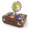 Travel or tourism concept. Old suitcase with stickers, globe and