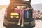 Travel, tourism - Girl with bags ready for the travel for summer vacation. Child going on Adventure. Car travel concept