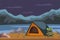 Travel and tourism, night camping outdoor. Tent with backpack. Mountain and river under cloudy sky, evening in highlands