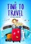 Travel or Tourism Poster in Blue Background with 3D Realistic Traveling Bag, Car, Airplanes