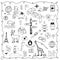 Travel and tourism symbols, set of icons on a white background. Map, backpack, tickets, countries, animals, buildings, cities,