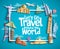 Travel and tourism vector banner design with boarder frame, travel text and famous landmarks and tourist destination elements