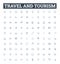 Travel and tourism vector line icons set. Voyage, Trip, Adventure, Tour, Excursion, Sightseeing, Jaunt illustration