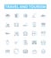 Travel and tourism vector line icons set. Voyage, Trip, Adventure, Tour, Excursion, Sightseeing, Jaunt illustration