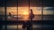 Travel tourist standing with luggage watching sunset at airport window. Travel lifestyle, generative ai