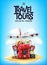 Travel and Tours Poster with 3D Realistic Travel Items Like Airplane, Backpack, Sneakers, Mobile Phone, Passport