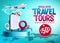 Travel tours sale vector banner design. Travel tours special offer text up to 50% off with luggage and airplane travelling element