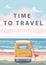 Travel, trip vector illustration. Ocean, sea, seascape. Surfing van, camper, bus on beach. Summer holidays. Ocean