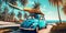 travel tropical retro trip road beach summer vacation vintage car. Generative AI.