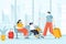 Travel vacation concept in flat design. Family in airport terminal waiting hall scene. Mom, dad and daughter flight on journey