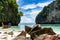 Travel vacation summer background of Beautiful Phi Phi island in Krabi Province Thailand amazing view of loh samah bay