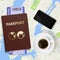 Travel vector concept. Top view coffee, map and passport with tickets