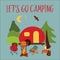 Travel vector illustration Let`s go camping - summer camping scene. Red camping van with campfire, chairs and guitar. Forest