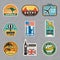 Travel vintage sticker. Summer vacation labels for old luggage tropical travel vector logo collection