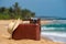 Travel vintage suitcase and camera on a beach