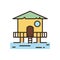 Travel. Water bungalow icon. Vector illustration of a colored house on the water with a staircase