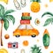 Travel watercolor seamless pattern with palm tree,yellow car,suitcase,pineapple