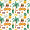 Travel watercolor seamless pattern with palm tree,yellow car,suitcase,pineapple