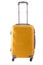 Travel yellow suitcase on wheels isolated on white background. Baggage handle case.