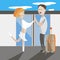 Travel young pair man and woman flat vector illustration
