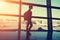 Traveler at the airport. silhouette of a woman with a backpack