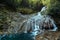 Traveler Explorer Enjoys View Of Waterfall In Deep Forest In Summer, Rear View