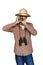 Traveler with explorer hat and hiker shirt an with camera isolated over white