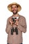 Traveler with explorer hat and hiker shirt an with camera isolated over white