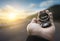 Traveler explorer man holding compass in a hand in mountains at sunrise, point of view