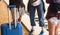 Traveler friends woman with train on railway station with baggage