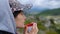 Traveler girl picnic at nature in cloudy day.