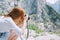 Traveler or hiker in the mountains in the National Park Triglav.