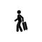 Traveler icon, stick figure man with a suitcase, isolated human silhouette with bag, tourist pictogram
