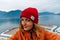 Traveler makes selfie on the background of the lake. Vancouver, Canada