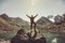 Traveler man happy raised hands on the mountain top in Norway wanderlust traveling explorer healthy lifestyle adventure concept ac