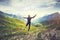 Traveler Man jumping with mountains landscape on background