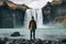 Traveler man looking at Seljalandsfoss waterfall in Iceland, Wanderlust explorer discovering icelandic natural wonders, AI