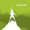 Traveler Man Silhouette Rock Climber Stand On Top Mountain