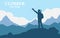 Traveler Man Silhouette Stand Top Mountain Rock Peak Climber. Vector illustration of a mountain landscape with realistic silhouett