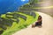 Traveler with panoramic view of Machupicchu world heritage site at Cusco Peru