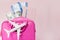 Traveler pink suitcase and passport document,purse on pink background, Journey and travel concept