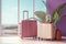 Traveler pink trip vacation business boarding tourist bag suitcase arrival baggage departure