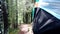 Traveler`s back with backpack in forest. Stock footage. Close-up of traveler goes hiking in woods in cloudy weather