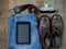 traveler set with a digitizer, leather belt, rangefinder camera, jeans and boots