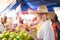 Traveler shopping on traditional Victoria food market, Seychelles.