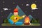 Traveler Sings Plays Night Camp Guitar Campfire Forest Mountain Flat Design Background Template Vector Illustration