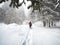 Traveler with snowshoes at snow forest in the mountains