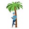 Traveler stands under palm tree, looks information in tablet, communicates.